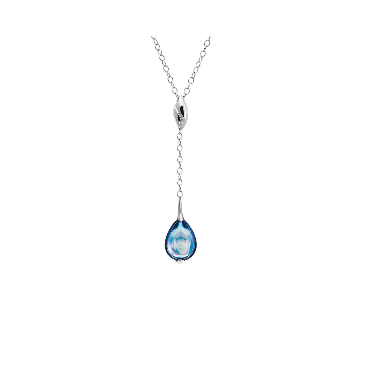 Baccarat Crystal Fleur De Psydelic Aqua Blue Mirror Silver Pendant Necklace